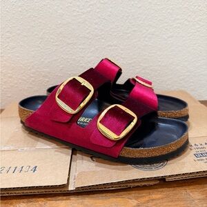 Birkenstock Arizona Narrow Gold Buckle Red Velvet Sandals